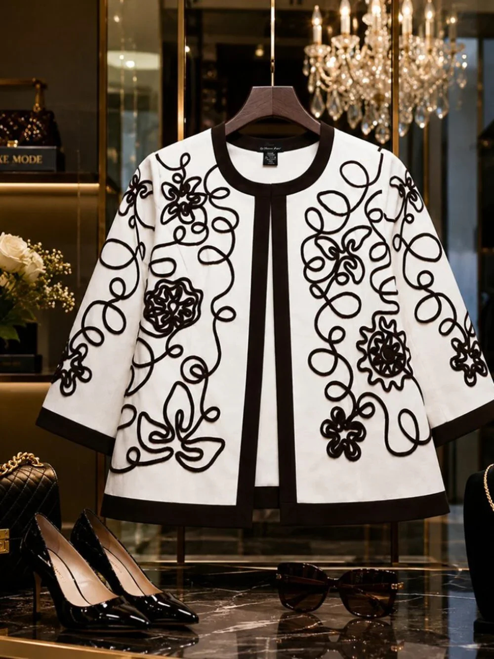 White Brown Floral Cord Embroidered Jacket XL Open Front Statement Layer